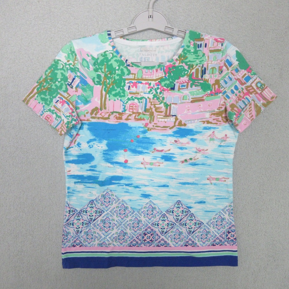 Talbots Women's Tee Shirt V-Neck Scenic Coastal Town Print Petite Smallโ